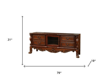 79" Brown Carved Scrollwork Wood And Glass Entertainment Center