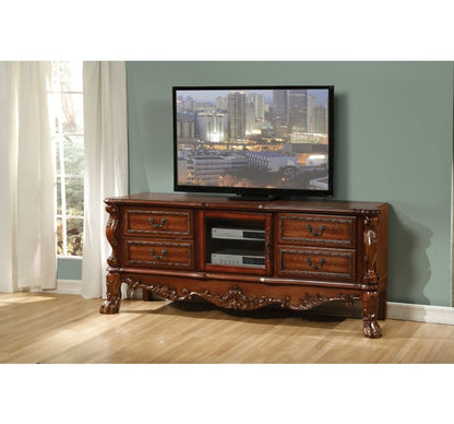 79" Brown Carved Scrollwork Wood And Glass Entertainment Center