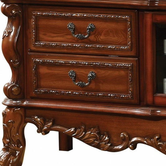 79" Brown Carved Scrollwork Wood And Glass Entertainment Center
