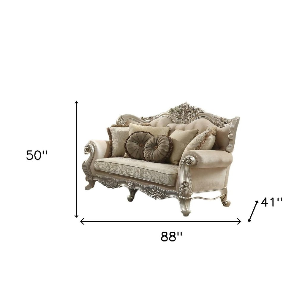 88" Champagne Velvet Curved Floral Sofa And Toss Pillows - Fluent Trends Sofas