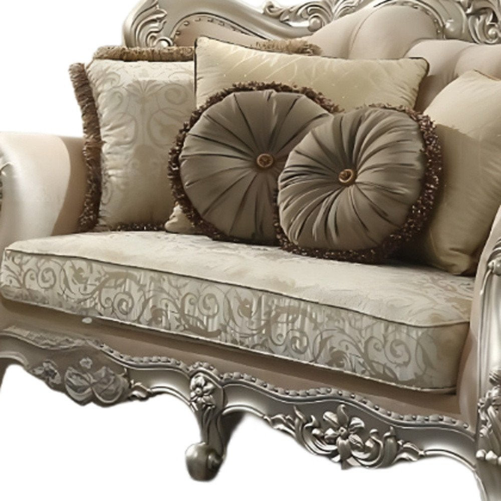 88" Champagne Velvet Curved Floral Sofa And Toss Pillows - Fluent Trends Sofas