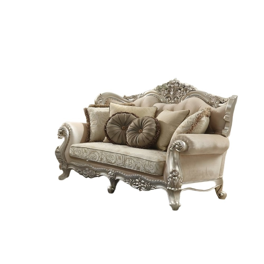 88" Champagne Velvet Curved Floral Sofa And Toss Pillows - Fluent Trends Sofas
