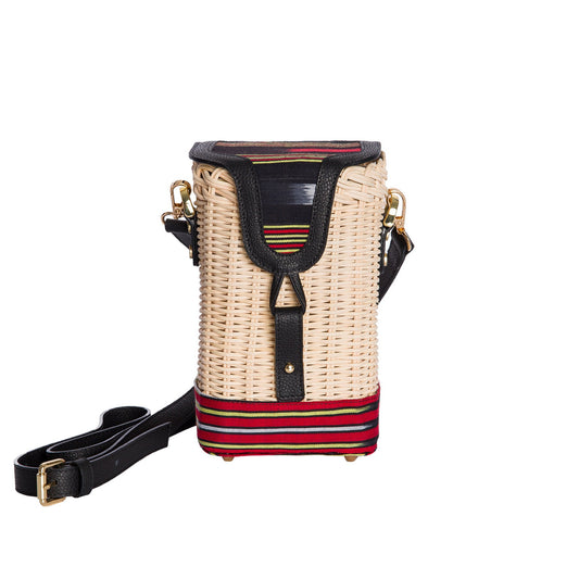 Black Leather & Woven Straw Crossbody Bag