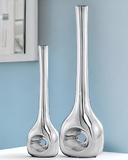 Set of Two Silver Aluminum Novelty Table Vases