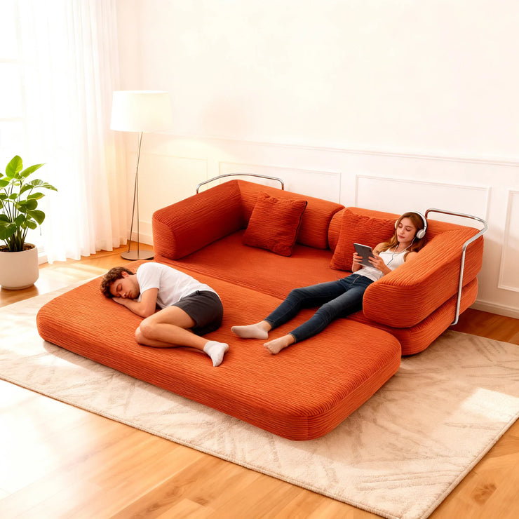 Red Corduroy 5-in-1 Modular Floor Sofa Sleeper Bed, No Assembly - Fluent Trends
