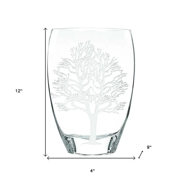12" Clear And White Tree Of Life Oval Lead Free Crystal Table Vase - Fluent Trends