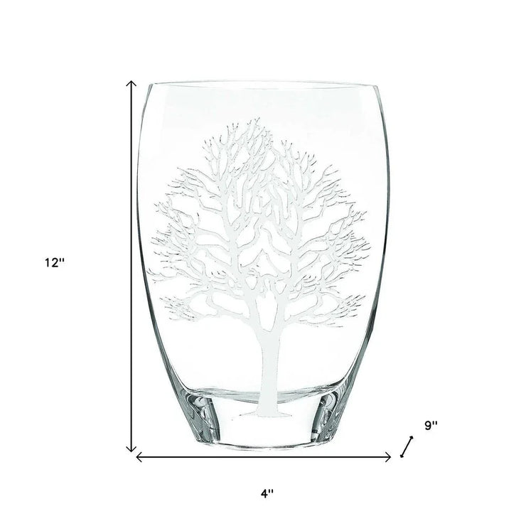 12" Clear And White Tree Of Life Oval Lead Free Crystal Table Vase - Fluent Trends