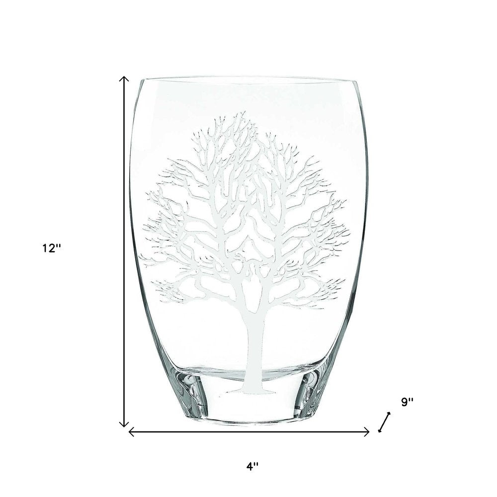 12" Clear And White Tree Of Life Oval Lead Free Crystal Table Vase