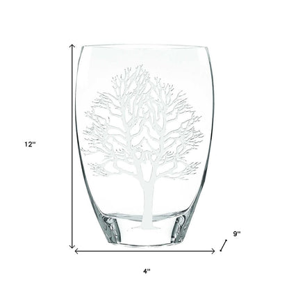 12" Clear And White Tree Of Life Oval Lead Free Crystal Table Vase