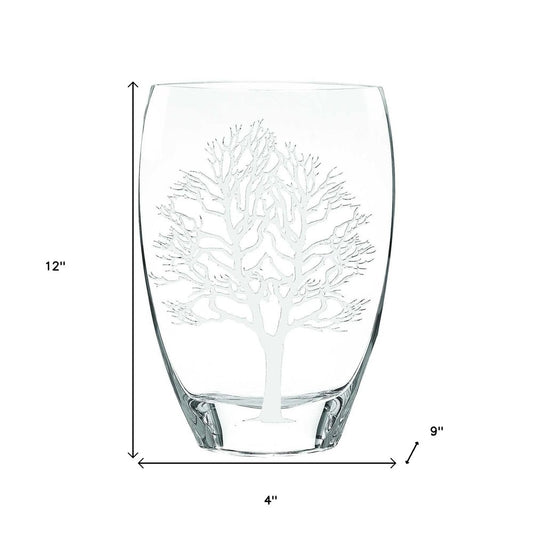 12" Clear And White Tree Of Life Oval Lead Free Crystal Table Vase