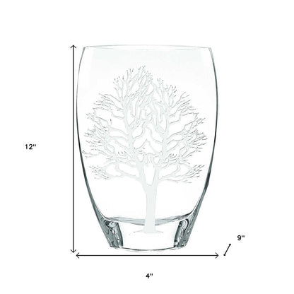 12" Clear And White Tree Of Life Oval Lead Free Crystal Table Vase HomeRoots