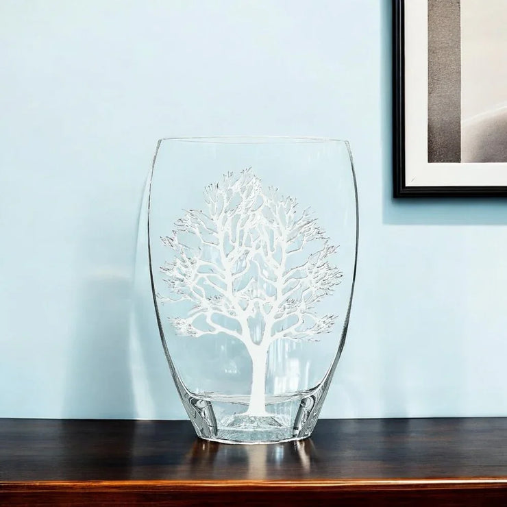 12" Clear And White Tree Of Life Oval Lead Free Crystal Table Vase - Fluent Trends