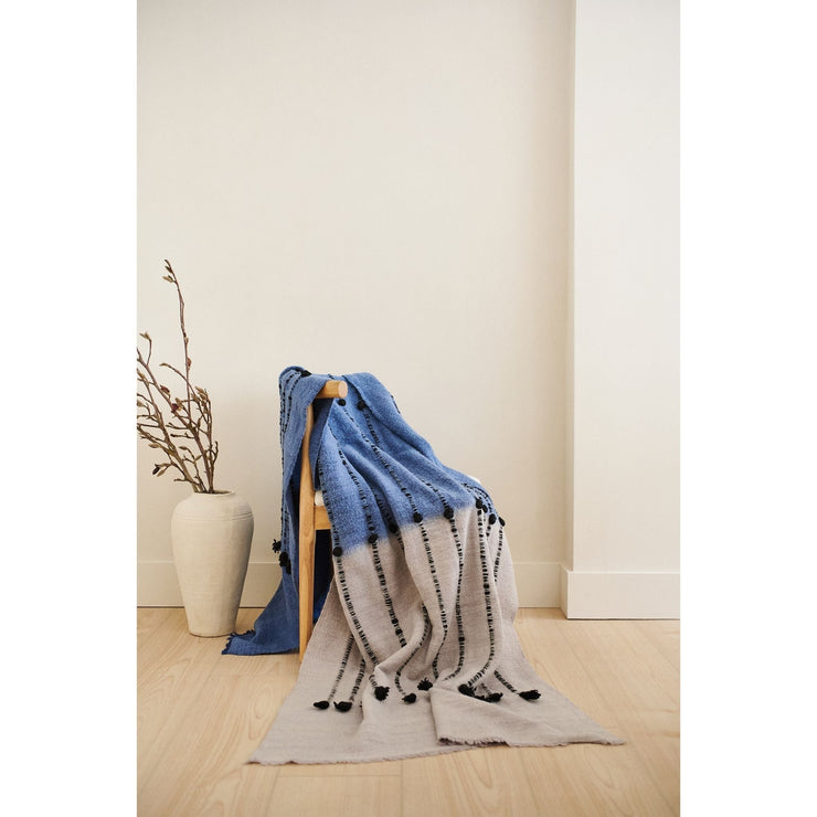 Mari Serene Blue Gray Calming Hues Hand Woven Hand Knotted Textured Merino Throw - Fluent Trends Throw Blankets