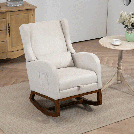 25.4'W Modern Rocking Chair for Nursery, Mid Century Accent Arm Rocker With Retractable Footrest, Side Pocket, Comfy Upholstered Wingback Wooden Glider Chair for Living Room Baby Kids Room. Beige