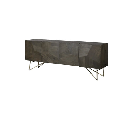 Three-quarter perspective of the 80-inch 4 door sideboard showing the natural mango wood finish grain and antique metal legs.