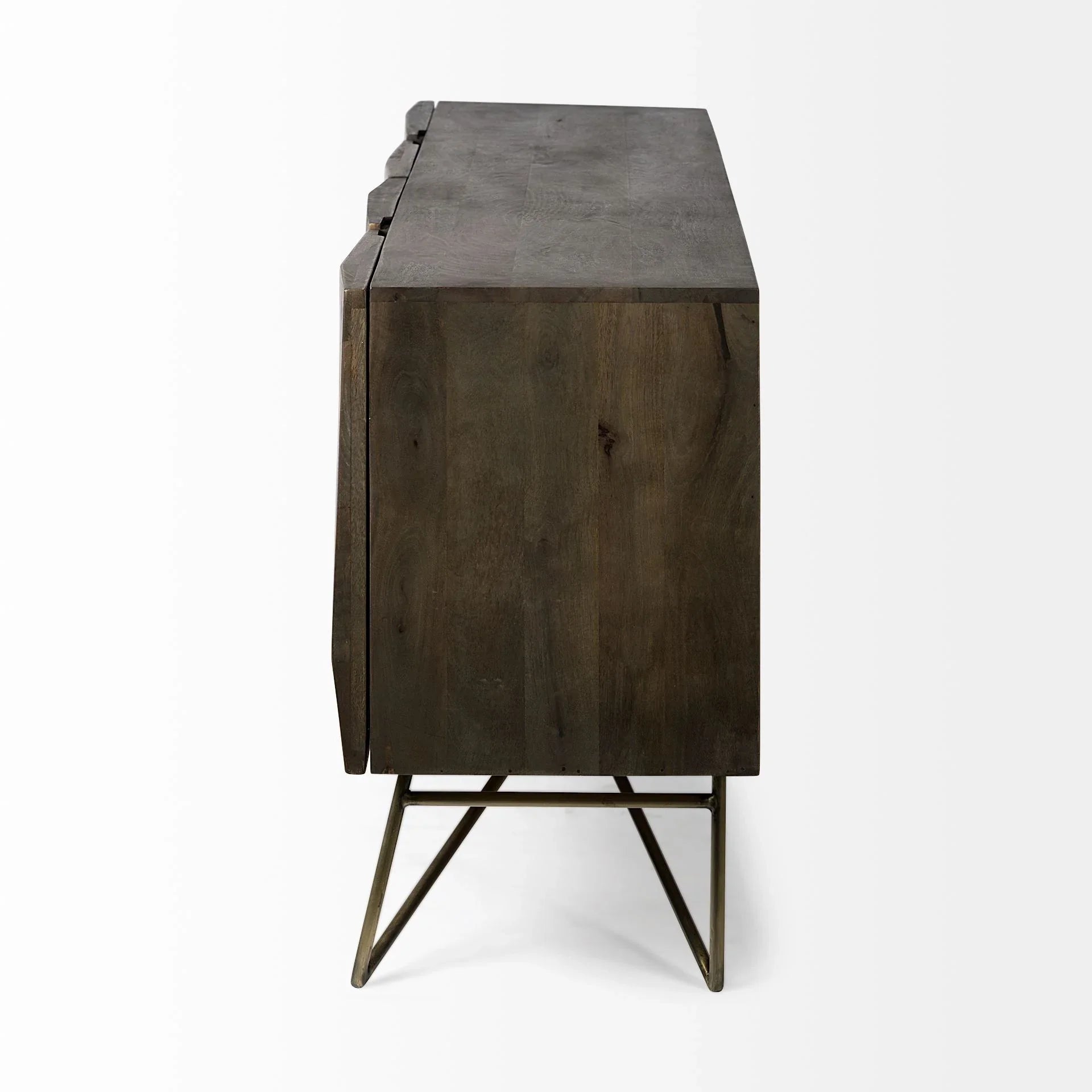 Side profile view showing the 17.3-inch depth and sleek silhouette of the dark brown wood cabinet.