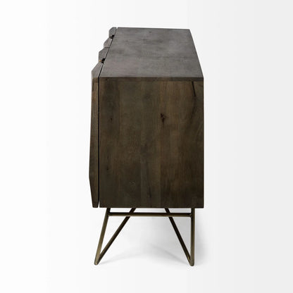 Side profile view showing the 17.3-inch depth and sleek silhouette of the dark brown wood cabinet.