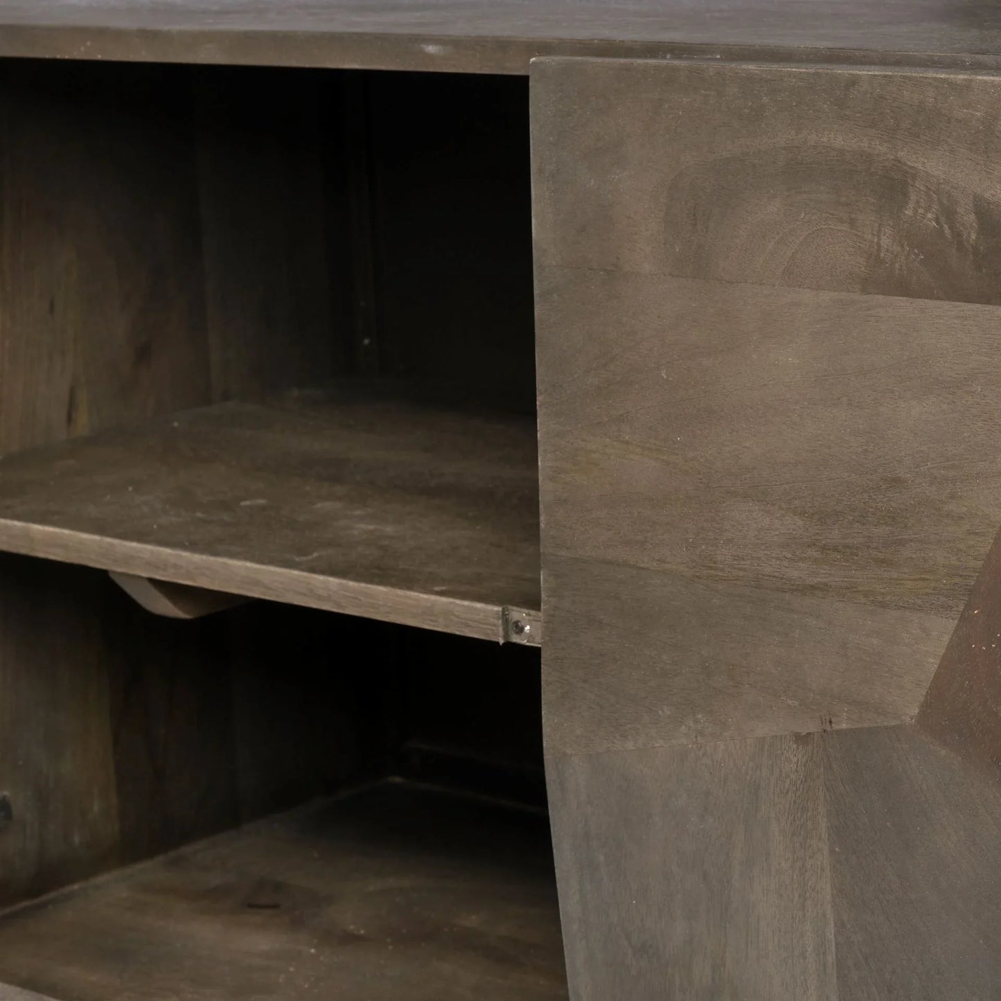 Close-up view of the storage interior showing the solid wood shelves.