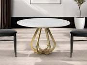 48" White And Gold Rounded Marble And Metal Pedestal Base Dining Table - Fluent Trends Dining Tables