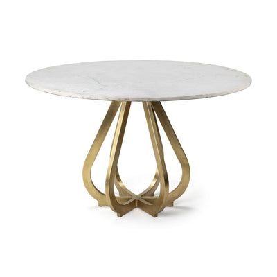 48" White And Gold Rounded Marble And Metal Pedestal Base Dining Table - Fluent Trends Dining Tables