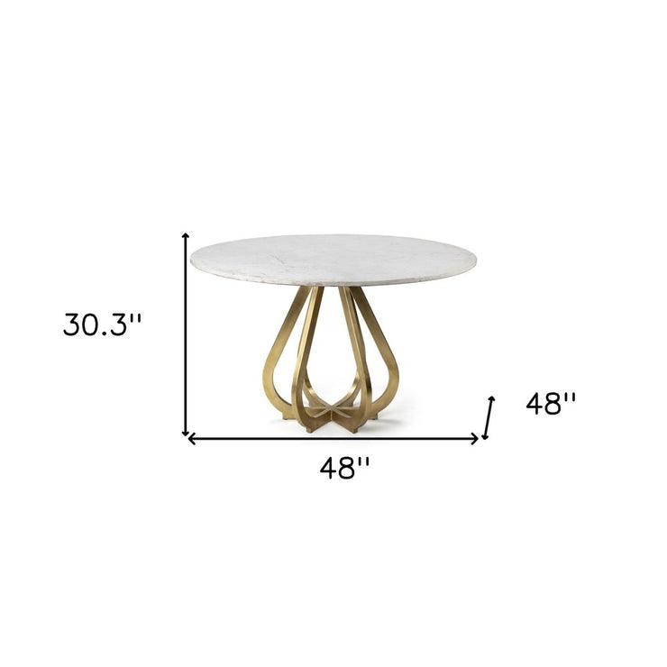 48" White And Gold Rounded Marble And Metal Pedestal Base Dining Table - Fluent Trends Dining Tables