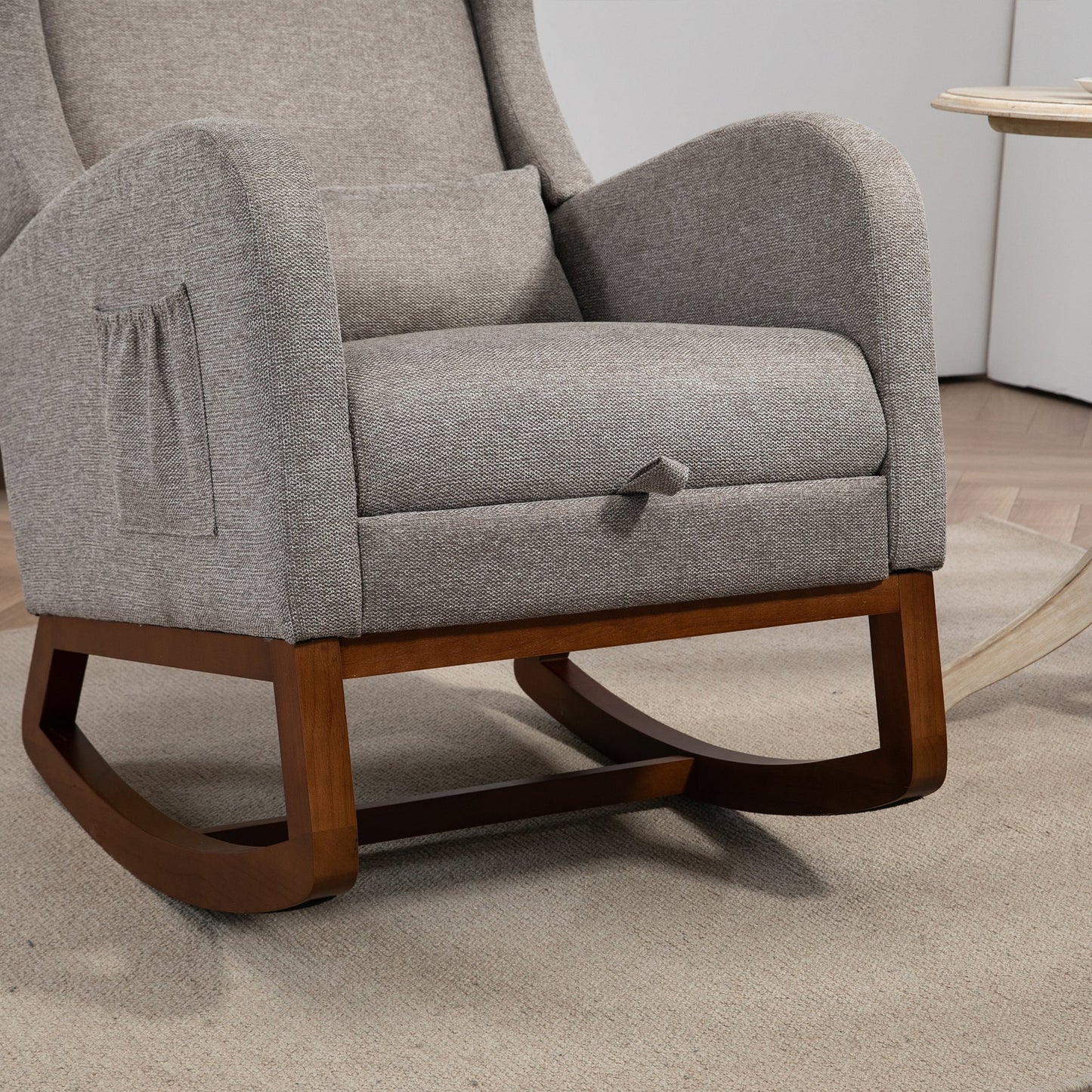 25.4'W Modern Rocking Chair for Nursery, Mid Century Accent Arm Rocker With Retractable Footrest, Side Pocket, Comfy Upholstered Wingback Wooden Glider Chair for Living Room Baby Kids Room. Taupe
