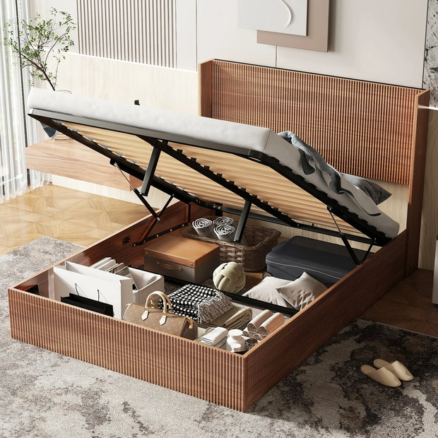 Large Grooved Undulating QueenSize Wooden Platform Bed Frame With Lift Storage - Fluent Trends