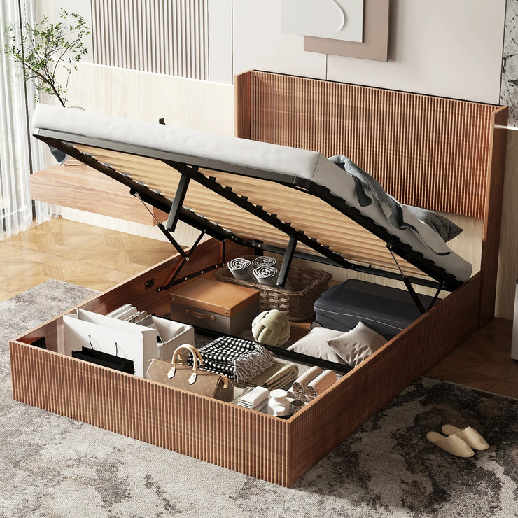 Large Grooved Undulating QueenSize Wooden Platform Bed Frame With Lift Storage - Fluent Trends