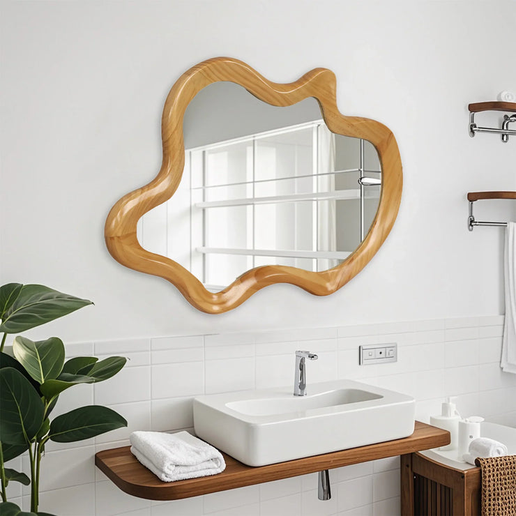 Irregular Wall Mirror with Natural Wood Frame - 33.46" x 22.24" - Fluent Trends