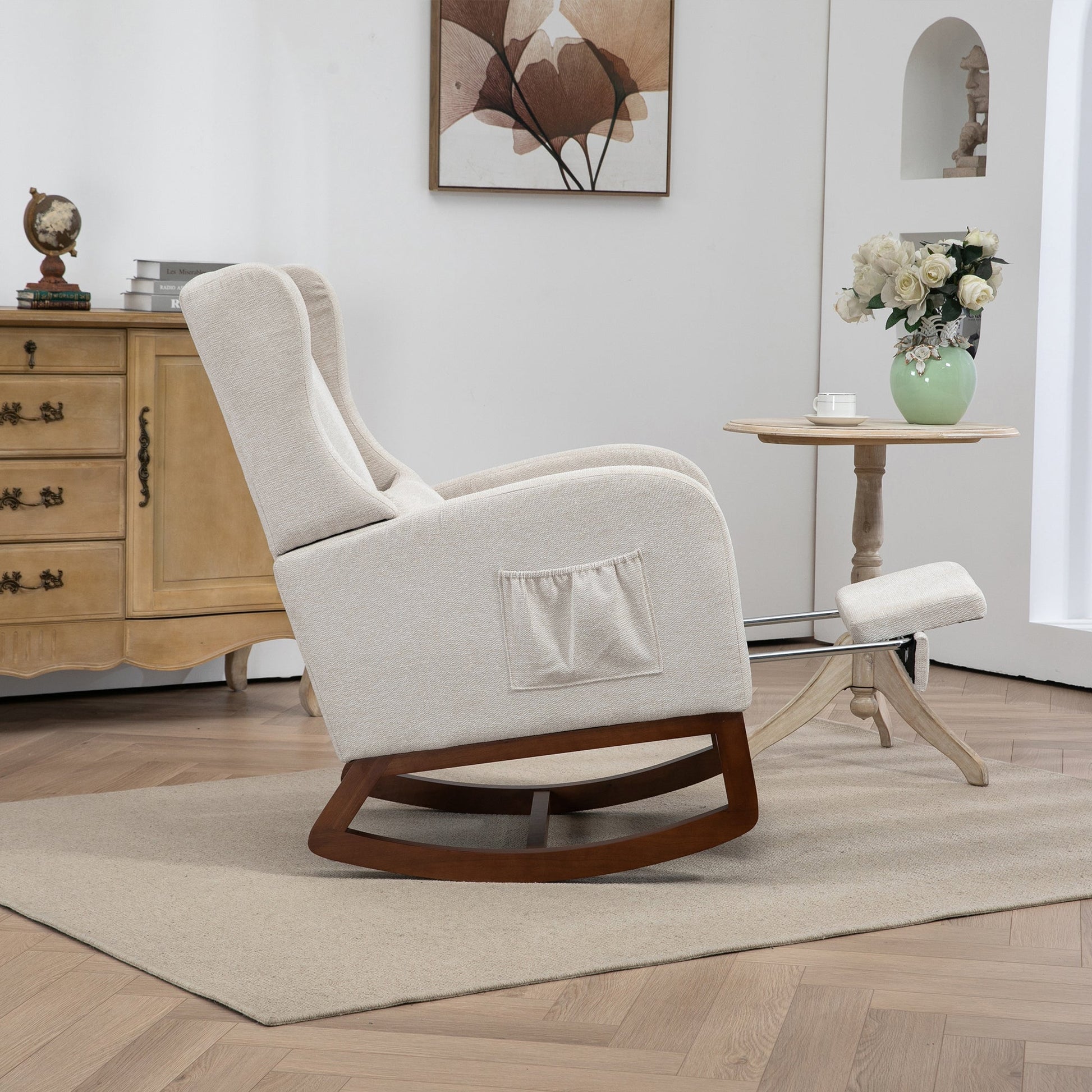 25.4'W Modern Rocking Chair for Nursery, Mid Century Accent Arm Rocker With Retractable Footrest, Side Pocket, Comfy Upholstered Wingback Wooden Glider Chair for Living Room Baby Kids Room. Beige Streamdale Furniture