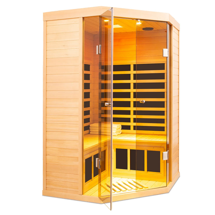 Deluxe Hemlock Far Infrared Corner Sauna Room with Glass Front for Two Persons - Fluent Trends