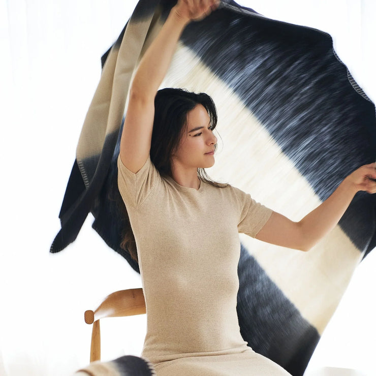 Ink Black White Ombre Textured Throw In Hand Spun Merino And Hand Stitched Hem - Fluent Trends Throw Blankets