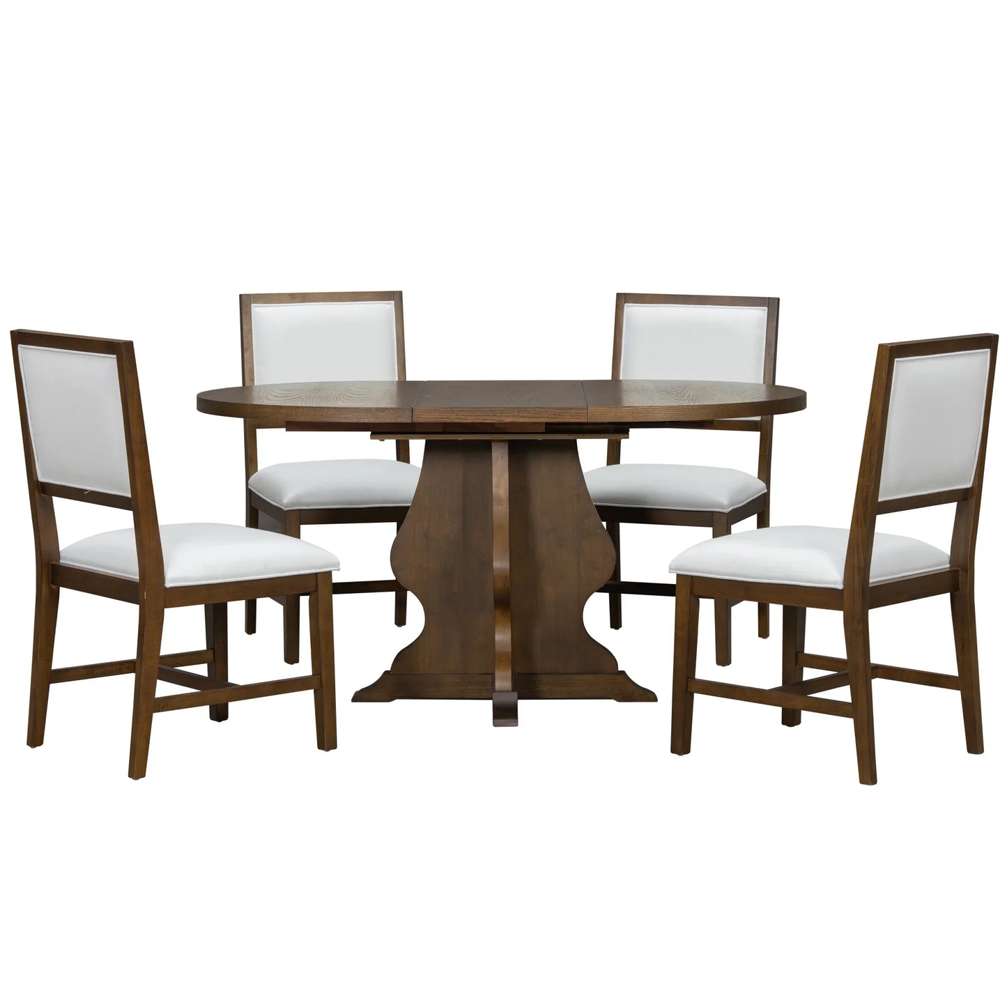 Wooden dining table with pedestal base and four matching chairs with white upholstered seats and backs