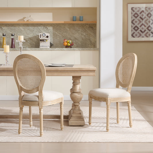 French Country Rattan Dining Chairs, Set of 2 – Beige Upholstered