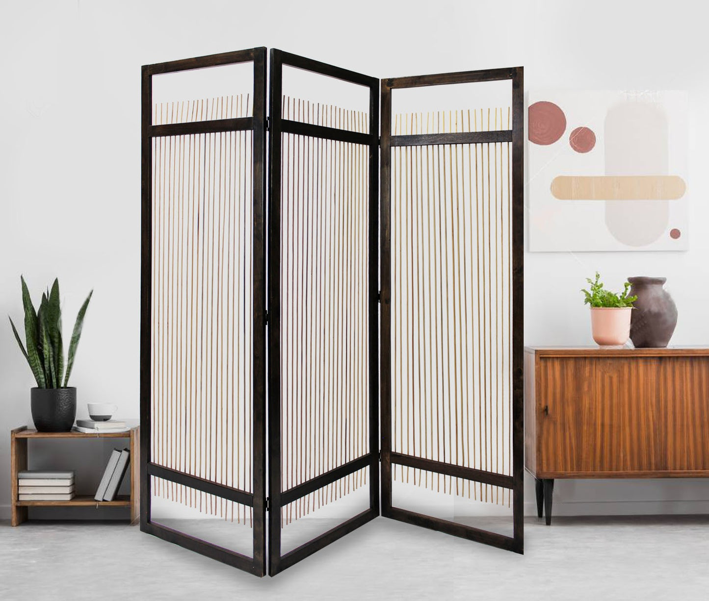 Light and Dark Rattan Three Panel Room Divider Screen