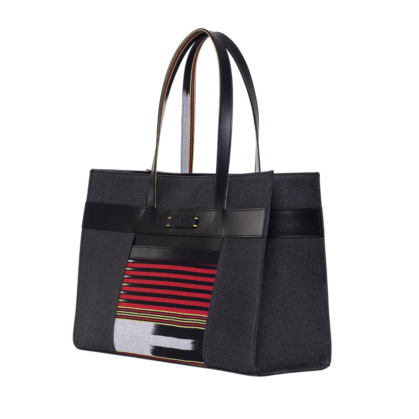 Black Leather & Canvas Tote Bag with Pockets