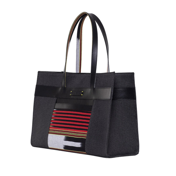 Black Leather & Canvas Tote Bag with Pockets - Fluent Trends