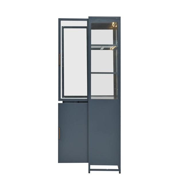 Modern Style 76.75'' Tall Steel Display Cabinet with Double Glass Doors, LED Lights, 3-Sided Glass for Collectibles - Dark Blue - Fluent Trends