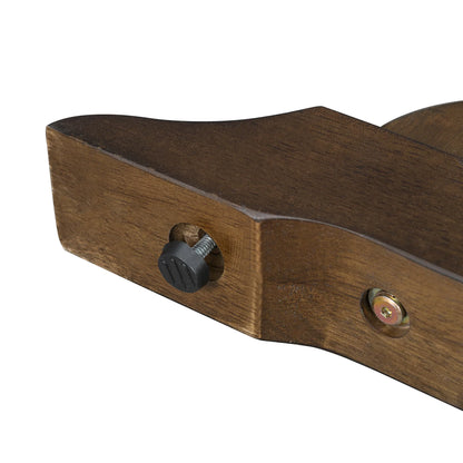 Close-up of wooden furniture part with adjustable black screw and metal bolt detail