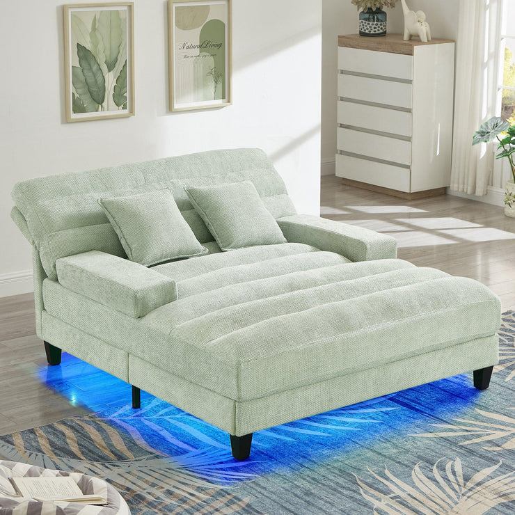 Green Chenille Chaise Lounge Sofa Bed with Adjustable Back & Smart RGB LED Lights - Fluent Trends