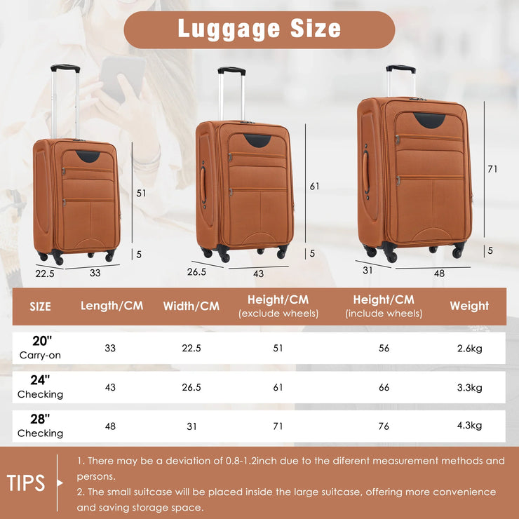 Orange Softside Expandable 3-Piece Luggage Set with Duffel Bag, Spinner Suitcases & TSA Lock - Fluent Trends