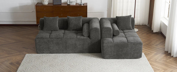 Modern Grey Modular Sectional Sofa with Deep Seating and Side Pockets in Chenille Fabric - Fluent Trends