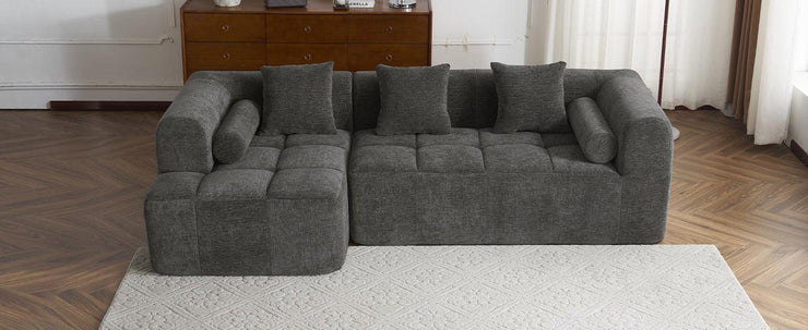 Modern Grey Modular Sectional Sofa with Deep Seating and Side Pockets in Chenille Fabric - Fluent Trends