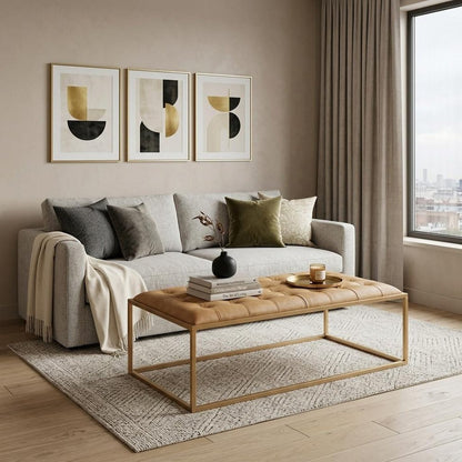 48" Gold And Brown Leather Rectangular Coffee Table