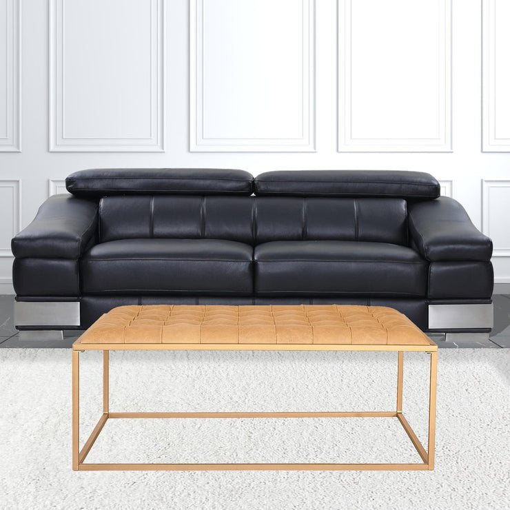 48" Gold And Brown Leather Rectangular Coffee Table - Fluent Trends Coffee Tables