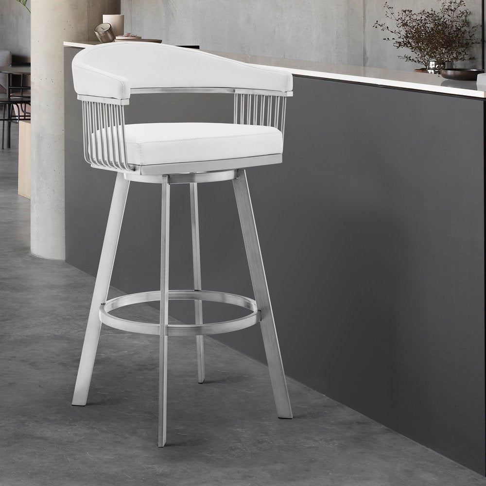 Lyra 29" White Faux Leather & Brushed Silver Swivel Bar Stool