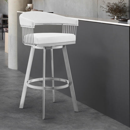 Lyra 29" White Faux Leather & Brushed Silver Swivel Bar Stool