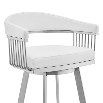 Lyra 29" White Faux Leather & Brushed Silver Swivel Bar Stool