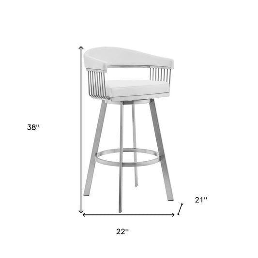 Lyra 29" White Faux Leather & Brushed Silver Swivel Bar Stool