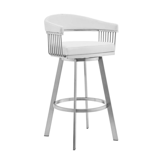 Lyra 29" White Faux Leather & Brushed Silver Swivel Bar Stool